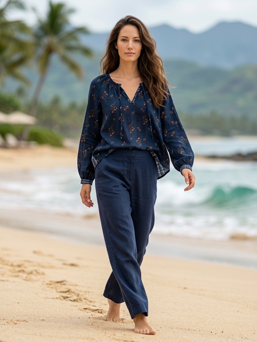 Navy Floral Split-Neck Peasant Blouse - Women's Top